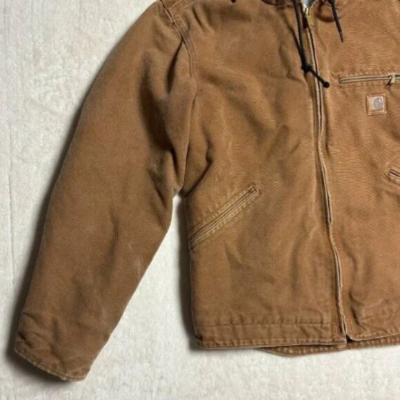 Carhartt Hooded Canvas Jacket Small Sherpa Lined Brown J141 Workwear Distressed - Picture 7 of 16